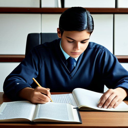 Home 21 ** A student, fully clothed in modest attire, studying diligently at a desk with books and notes. Safe for work, appropriate content, professional quality, perfect anatomy, natural proportions, family-friendly.
**