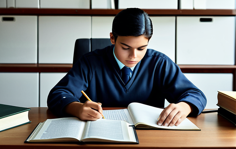 ** A student, fully clothed in modest attire, studying diligently at a desk with books and notes.  Safe for work, appropriate content, professional quality, perfect anatomy, natural proportions, family-friendly.

**